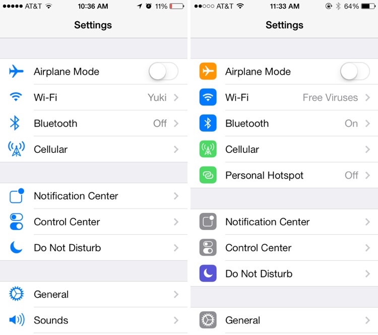 Màn hình Settings iOS 7 beta 5 (phải) nhiều màu sắc và rõ ràng hơn bản cũ.